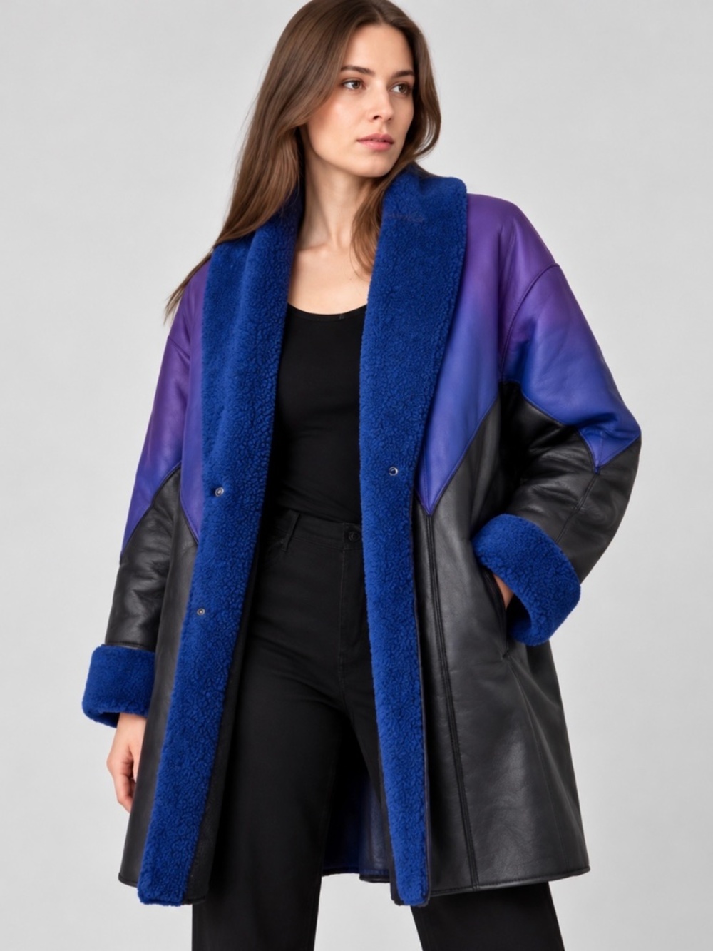 Vintage 1993 Edwardo Bassoni Genuine Shearling Coat Colorblock Purple Blue USA L